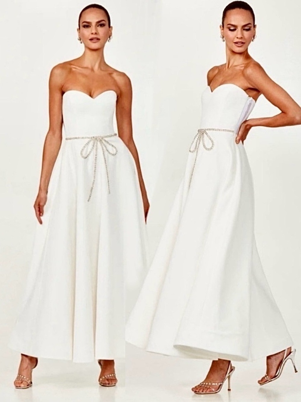 NWT HELSI Grace Sweetheart Strapless Crystal Bow White Midi Dress M